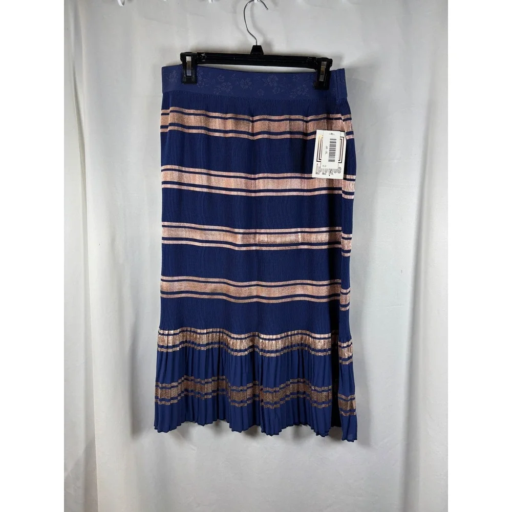LuLaRoe Jill Skirt Womens XL‎ Navy Rose Gold Metallic Striped Pleated Midi New